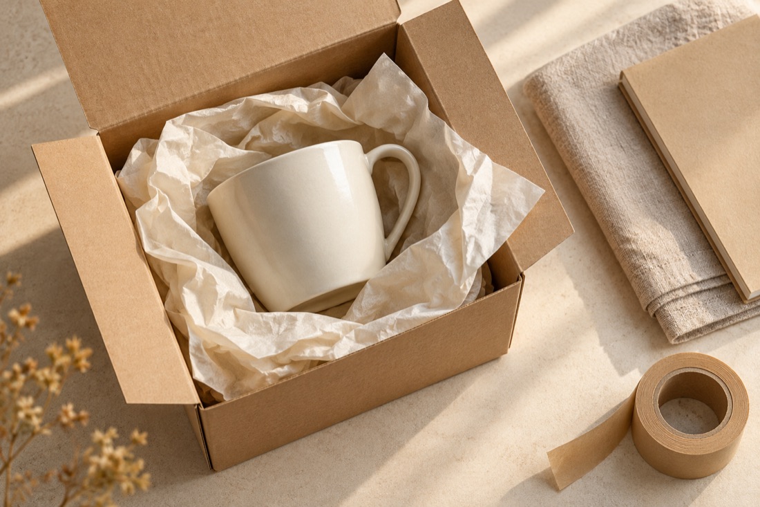 無地の器を薄紙と箱で包む、商品のお届けを表す静物